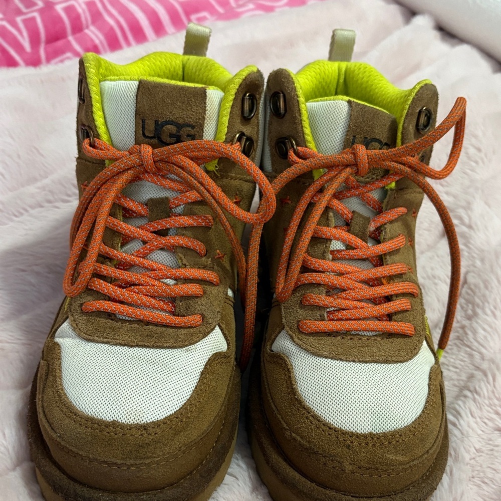UGG Kids Brown and White Boots with Orange Laces